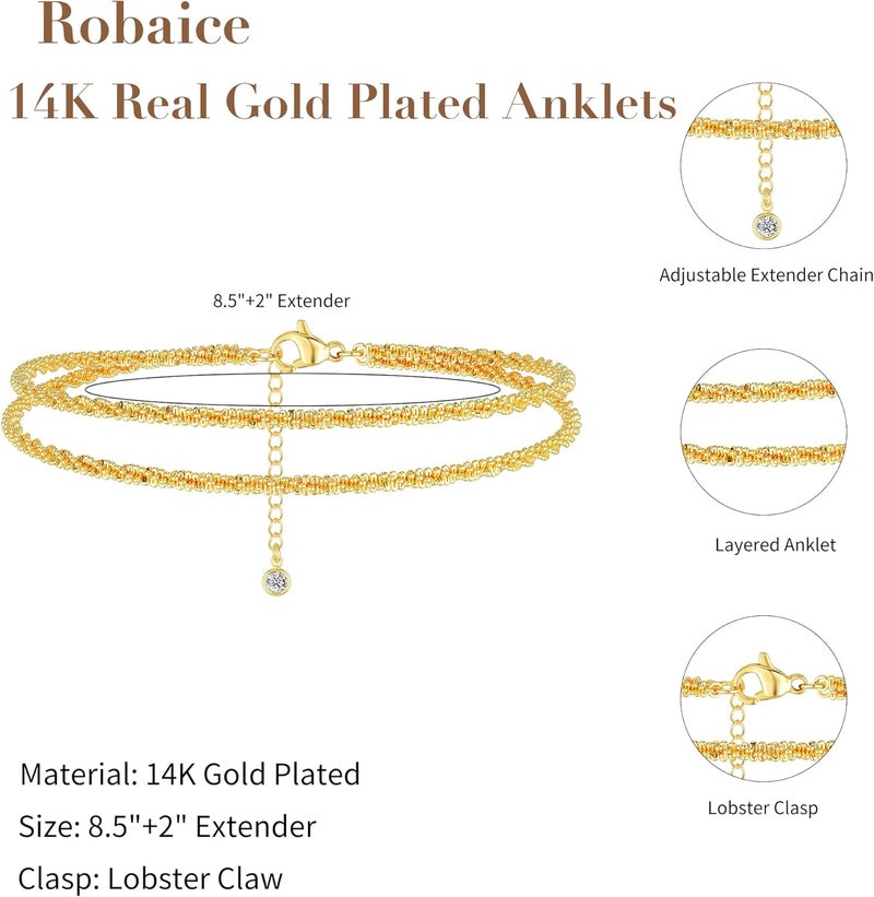 Robaice Ankle Bracelets for Women, Glitter Waterproof Adjustable Anklet for Women, 14K Gold Plated/Sterling Silver Layered Anklets, Summer Beach Anklet Jewelry for Women Gift - Image 5